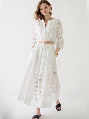 J.Crew Linen Blend Eyelet Maxi Skirt with Side Pockets in White Size:0| Spring